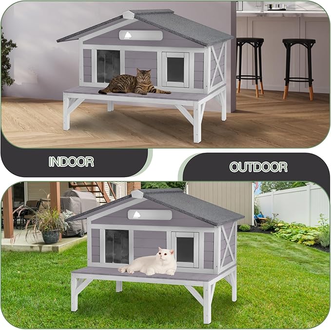 Outdoor Heated Cat House with Insulated Liner, Feral Cat Shelter for Cold Weather Protection, Kitty Home with Waterproof Roof, Raised Leg and Large Porch