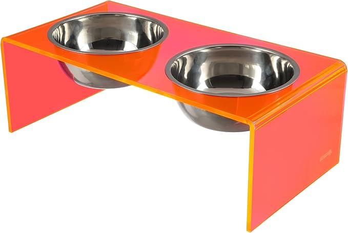 THE LICKER STORE DBL2001E Keaton 7.5" Medium/Large Modern Acrylic Rectangular Elevated Pet Feeder with 54oz 2-Stainless Steel Bowls, Pink/Chrome