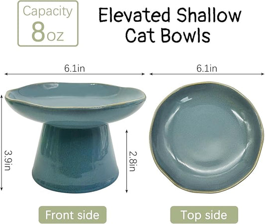 VCEPJH Raised Cat Food Bowls Shallow Cat Plate Ceramic Elevated Cats Dish 6.1in Flat Anti Whisker Fatigue Wide Pet Food & Water Feeder for Indoor Kitty Kitten (Blue)