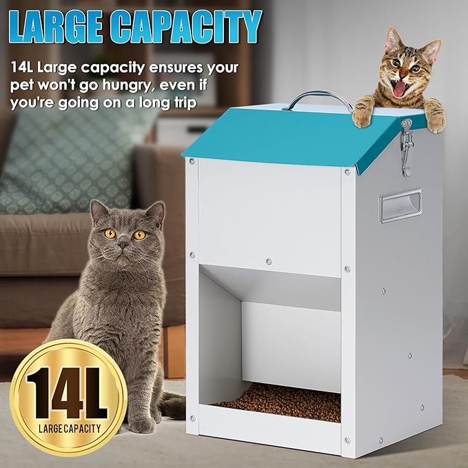 Automatic Cat Feeder Outdoor 59cups/14L Automatic Dog Feeder Cat Food Dispenser with Storage Gravity Pet Feeding Station Galvanized