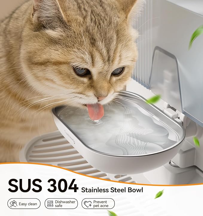Wireless Cat Water Fountain No Filters, Wastewater Separation, FEELNEEDY Stainless Steel Bowl, 3.5L Pet Water Fountain for Cats & Dogs Dispenser, White