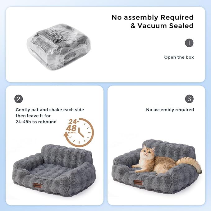 Cat Couch Bed for Indoor Cats - Orthopedic Cat Sofa with Supportive Egg Foam, Fluffy Cute Faux Fur Removable Washable Cover and Non-Slip Bottom, Grey