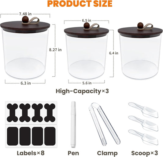 3 Pack Airtight Dog Food Storage Container, Dog Treat Container Dog Food Container with Wood Lids 8x7''&6x5'',Pet Food Storage Container,Cat Food Containers with Scoops,Clamp,Labels,Pens