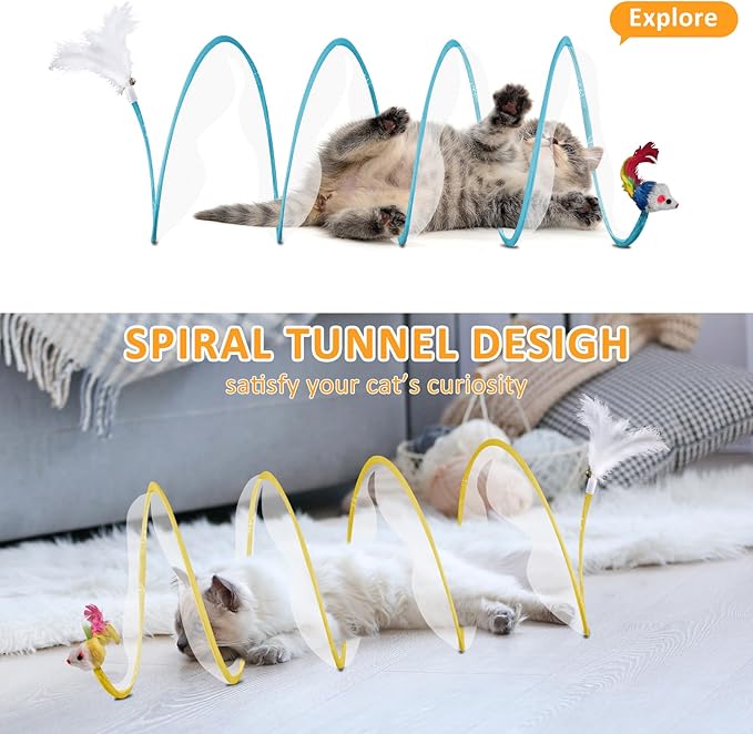 2-Piece Spiral Cat Tubes for Indoor Cats, Large Collapsible Tunnel with Feather Mouse Interactive Toy (Yellow + Blue)