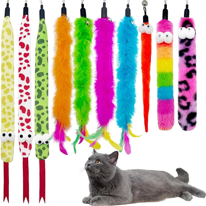 Cat Wand Replacement Feather Worm Snake, 10 Pieces Cat Wand Attachments Assorted Snakes Worms Feathers Refill Toy for Indoor Cats (B)