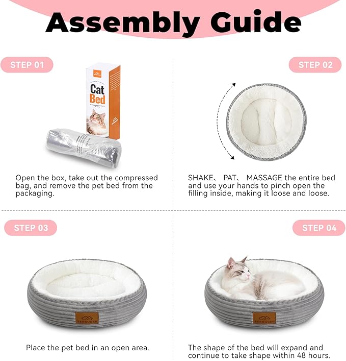 20in Washable Cat Beds for Indoor Cats - Round Donut Pet Bed for Cats, Small Dogs, Puppy, Kitten - Anti-Slip Bottom, Calming Bed Gift - Ideal for Every Home Space - Light Grey