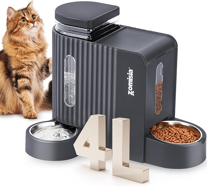 Gravity Cat Feeder and Water Dispenser with 304 Stainless Steel Bowls, 2 in 1 Automatic Cat Feeder with 180 Degree Rotatable Water Bowl, Large Capacity for Puppy Kitten Rabbits, Grey