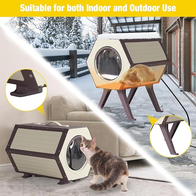 Heated Cat House for Outdoor Winter,Combined Cat Condo with Adjustable Temperature and Time， Insulated Outdoor or Indoor Cat Shelter for Feral with Escape Door (White and Brown, 1 Set)