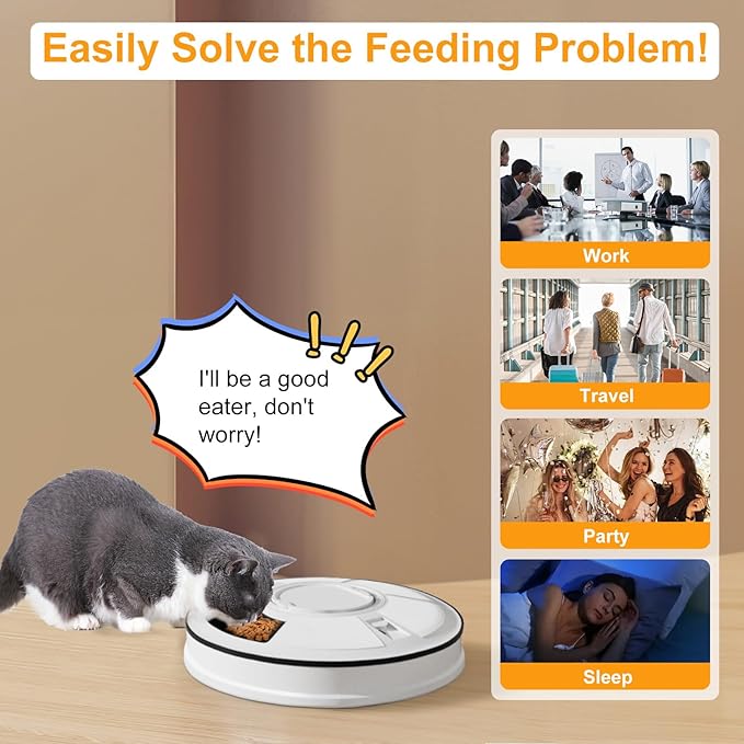 Automatic Cat Feeder, 6 Meal Timed Pet Dispenser Easily Programmable &Easy to Clean, Auto Feeder for Cats/Small Dogs(Black)