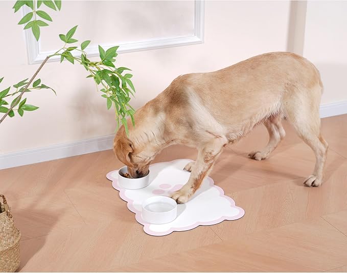 Ralxion Scalloped Dog Feeding Mat, Absorbent Mats for Dog Food and Water Bowl, Dispenser, Cute Elegant Aesthetic Preppy Pastel Pink Scallop Pet Placemat for Dogs, Cats, Puppy Accessories, 14" X 19”