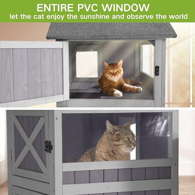 Cat Houses for Outdoor Cats 2-Story Large Cat Condo for Multiple Cats, Weatherproof Feral Cat Shelter with Window, Easy Clean Wood Kitty House