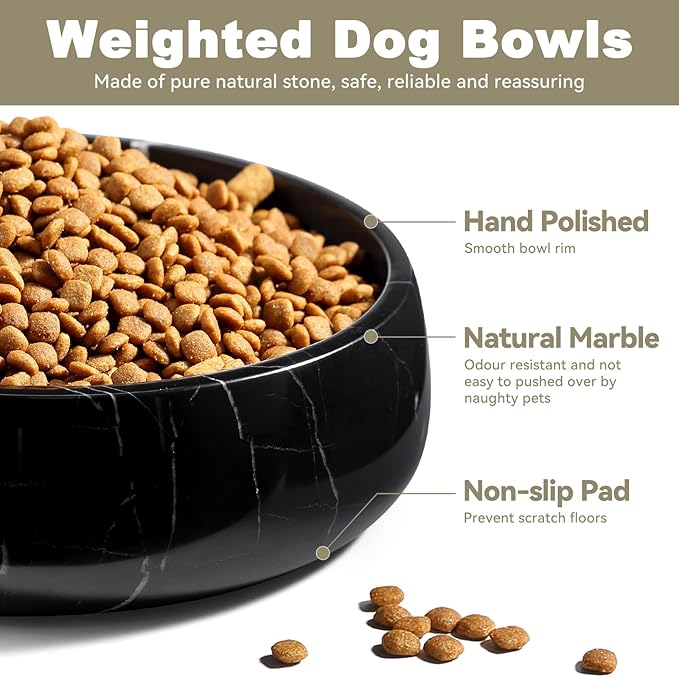 Natural Marble Dog Bowl, 5lbs Non Slip Dog Food Bowl, Non Spill Weighted Water Bowls for Large Dogs, Durable Big Dogs Dish, Puppy Pet Bowls, Easy to Clean, Holds 6.5 Cups(Spain Black)