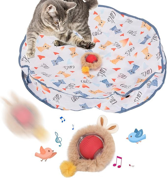 Interactive Cat Toy Ball Fast Rolling in Pouch, Automatic Motion Activated Simulated Chirping Bird Sound Hide and Seek Mouse Chasing Game,White Mate Red Moving Ball for Indoor Cat