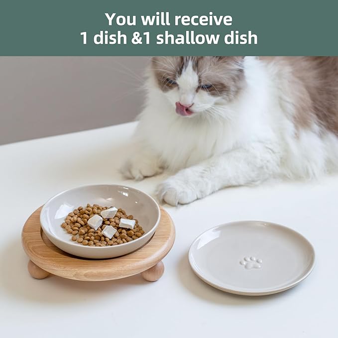 Raised Ceramic Wide Whisker Friendly Cat Dishes, Food&Water Bowl with 2 Style Stand Adjustable Pet Bowl Set(1Dish+1Shallow Dish+Stand