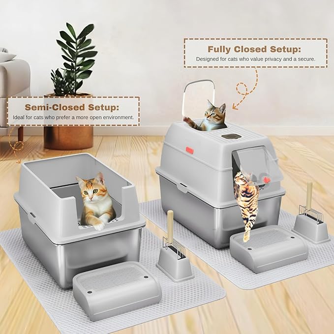 XXL Stainless Steel Sifting Litter Box with Lid, Fully Enclosed 8" Deep Metal Cat Litter Box, Leak-Proof, for Pine Pellets or Clumping Litter, for Large & Multi-Cats, with Litter Mat & Scooper & Brush