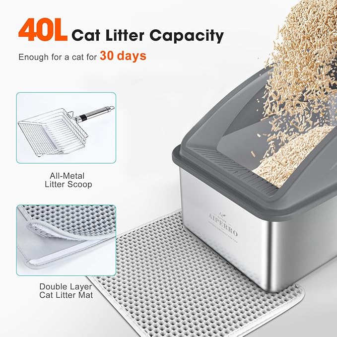 Stainless Steel Litter Box | XL Enclosed Cat Litter Boxes with Lid for Big Cats | High Sided, Anti-Urine Leakage | Non-Stick Bottom & Includes Litter Mat & Metal Scoop (Dark Gray, XX-Large)