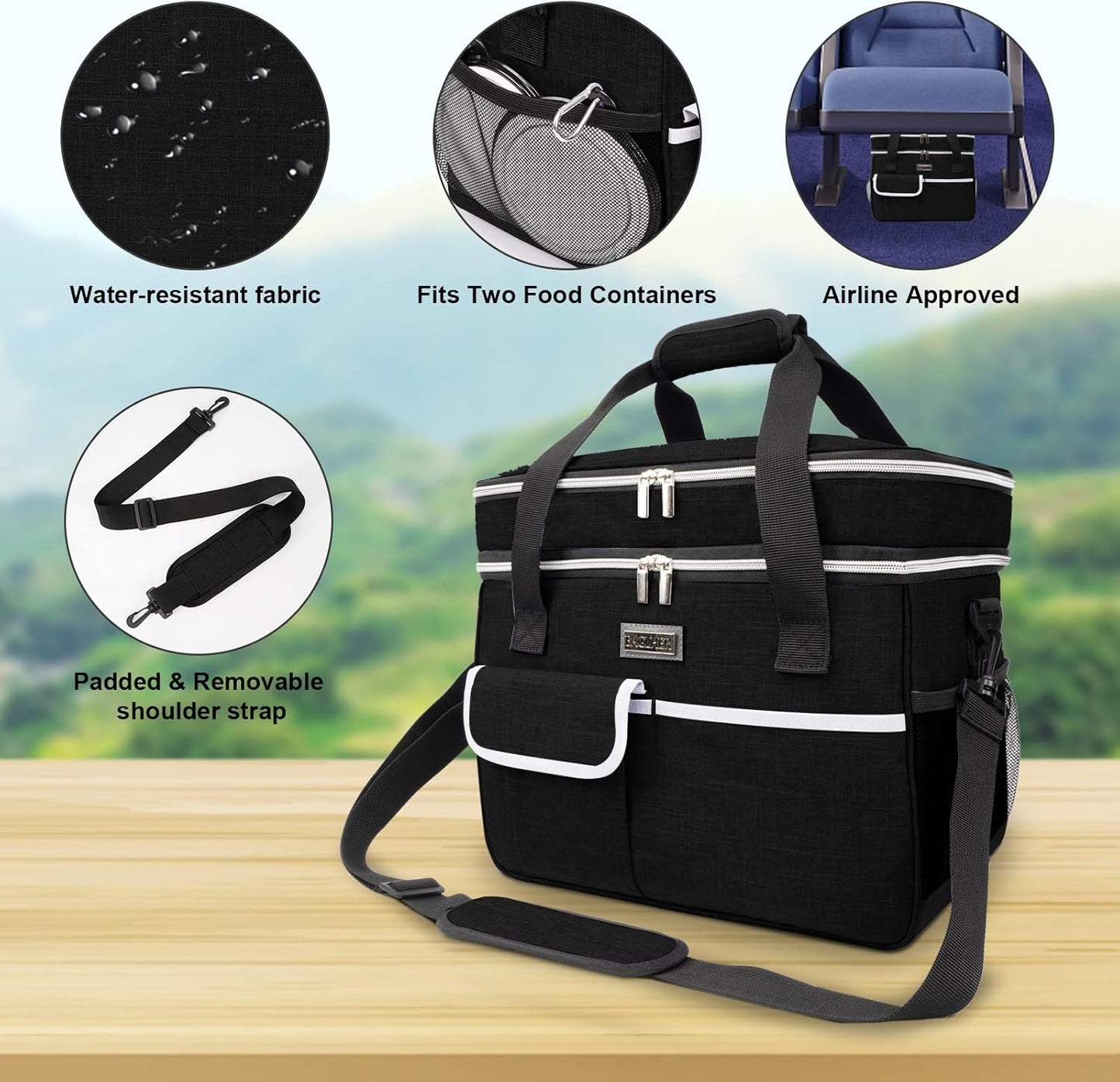 BAGLHER Dog Travel Bag for Supplies - Double-Layer Airline Approved Weekend Pet Travel Organizer Set for Dog and Cat Tote with 2 Pet Food Containers and 2 Collapsible Silicone Bowls Black