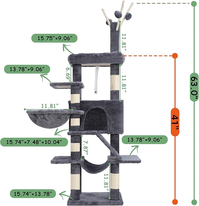 Cat Tree, Multi-Level Cat Tower for Indoor Cats, Cat Condo with Cat Scratching Post and Board, Cat Hammock, Smoky Gray GCT011G