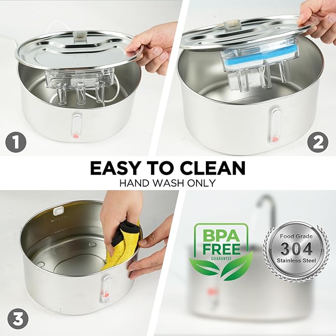 Cat Water Fountain Stainless Steel: 108oz/3.2L Water Fountains for Cats Indoor, Cat Water Fountain, Ultra Quiet, Water Level Window, Dog Water Fountain - 4 Filters - 1 Sensor