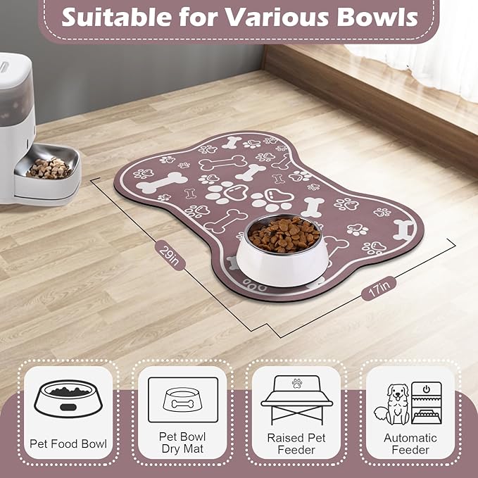 Dog Cat Mat for Food and Water,Rapid Absorbent Pet Feeding Mat, Bone Shaped Dog Placemat Bowl Mat with Rubber Backing,No Stains Pet Food Mats Indoor, Pet Accessories Supplies,Brown 17"×29"