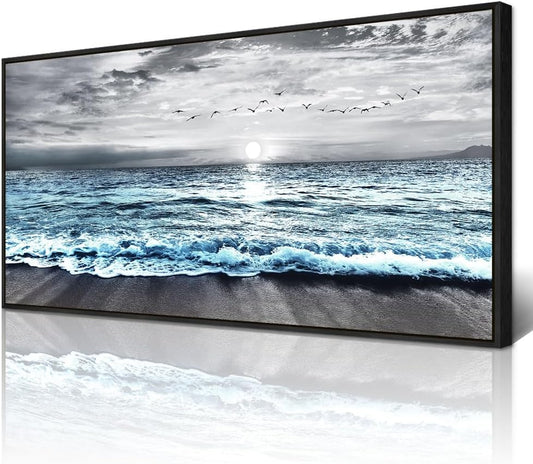 Wapluam Large Wall Art For Living Room Wall Decor For Bedroom Office Wall Decorations Black And White Wall Painting Blue Sea Wave Pictures Artwork For Modern Black Framed Beach Canvas Prints Poster