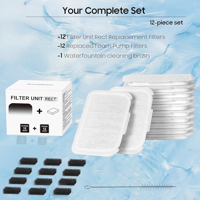 12 PCS Upgraded Pet Cat Kit Water Fountain Filters Unit Rect Fit For E versweet MAX 105 fl oz/3L Automatic Pet Fountain, Include Replacement Filters and Replaced Foam Pump Filter