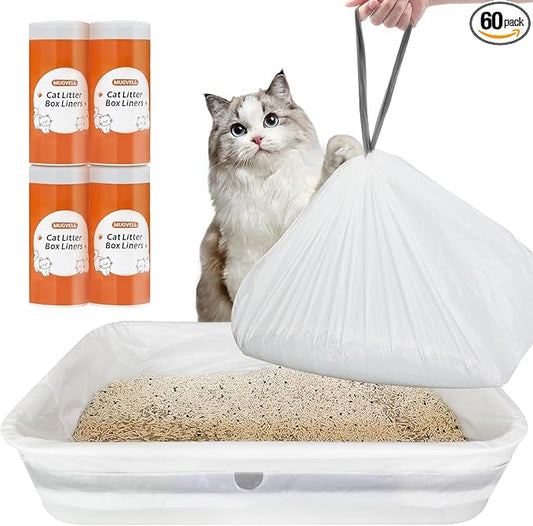 Cat Litter Box Liners, 60 Count Jumbo Size Litter Box Bags with Drawstring, Large Heavy Duty Litter Liners for Self Cleaning Cat Litter Box, Tear Leak Resistant for Pet Supplies(37" x 18")