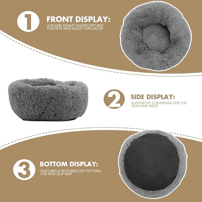 Athena Collection Washable Small Dog Bed, Cat Bed for Indoor Cats, 24 Inches Fluffy Faux Fur Round Pet Bed Calming Cozy Soft Warming Donut for Small Dog Puppy Kitten, Grey