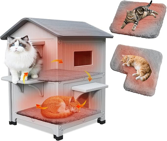 Rockever Plastic Outdoor Cat House with Soft Mat, Insulated Outdoor Cat Houses for Winter, Waterproof 2 Story Outside Cat Shelter, Clean and Assemble Easily