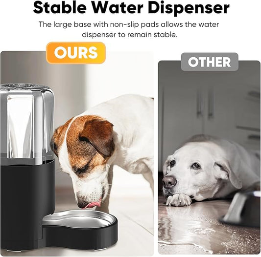 7L Automatic Dog Water Dispenser Bowl, Gravity Pet Water Dispenser with Stainless Steel Bowl, No Spilling Large Capacity Water Feeder for Dogs Cats (7L Without Filter Black)