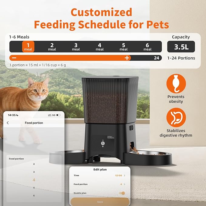 HoneyGuaridan Automatic Cat Feeder with 5G WiFi,3.5L Automatic Cat Food Dispenser for 2 Cats, APP Control Dispenser, Dual Power Supply,Desiccant Bag,10s Meal Call Black