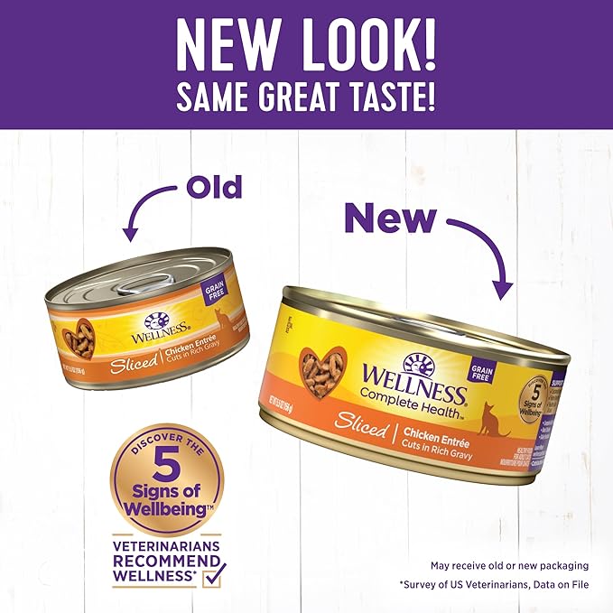 Wellness Complete Health Sliced Adult Wet Cat Food, Natural, Protein-Rich, Grain Free, 5.5 Ounce, 24 Pack, (Chicken Entrée)