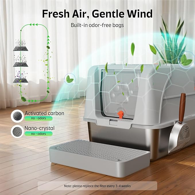 Stainless Steel Litter Box with Lid, XL Large Metal Box for Cats 180° Flip Cover, Non-Odor Enclosure Litter Box with Litter Scoop and Litter Mat (Non-Sticky, Easy to Clean, Anti-Urine Leakage)