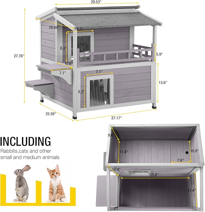 Aivituvin 2 Story Cat House with Large Balcony, Indoor Cat Condo Outdoor Cat Shelter, Wooden Kitty Home with PVC Door Strip