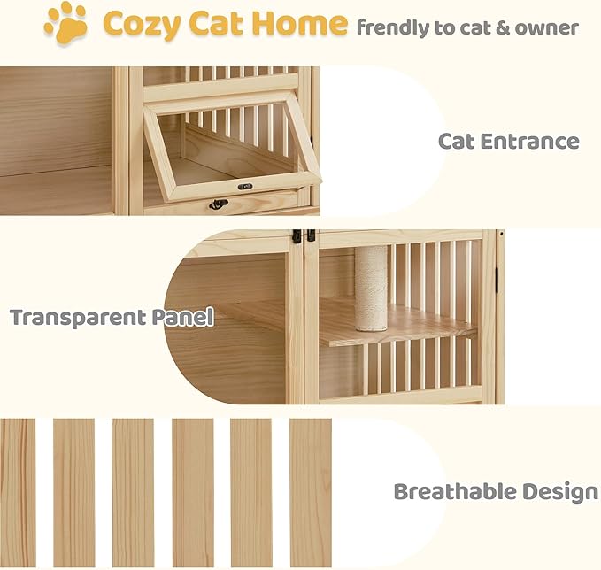 MCombo Wooden Indoor Cat House, Cat Condo with Entrance, Kitten Cage Catio with Lockable Doors and Wheels, CT291