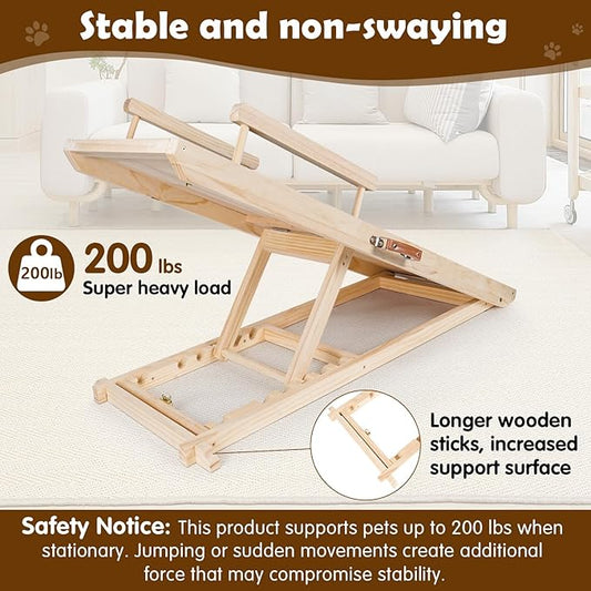 Dog Ramp for Couch, Bed or Car, Wooden 44" Long Pet Stairs for Small & Large Old Dogs & Cats, Hold up to 200lb, 5 Adjustable Height from 14.96" to 22", Portable Doggie Steps, Excellent Traction