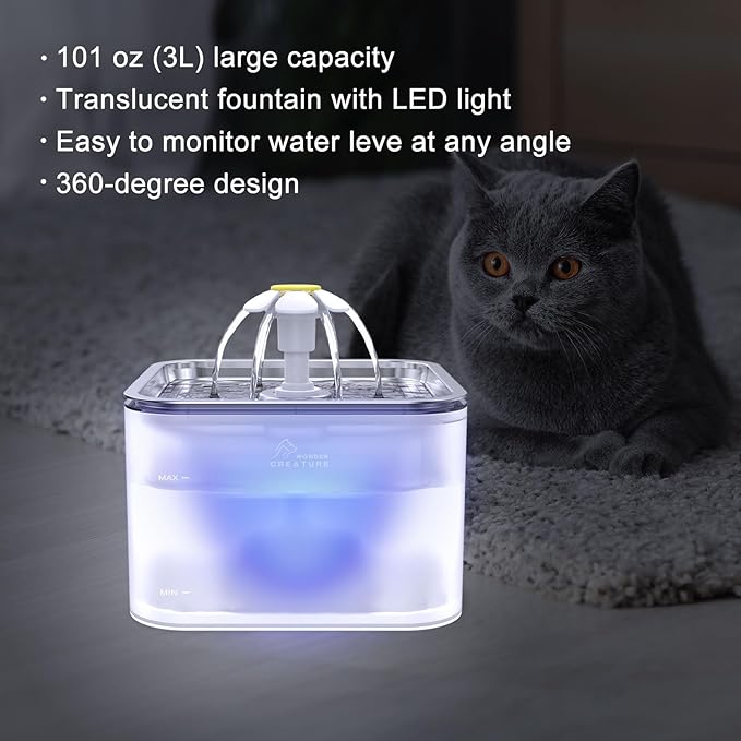 Cat Water Fountain Stainless Steel, 101oz/3L Pet Fountain with LED Light for Cats and Dogs (Clear)