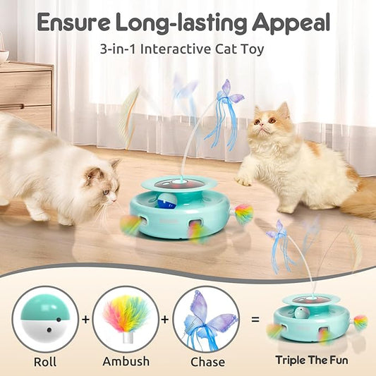 ORSDA Cat Toy, 3-in-1 Automatic Interactive Electronic Moving Ambush Feather, Fluttering Butterfly, Track Balls, USB Rechargeable Powered Smart Indoor Exercise Kicker