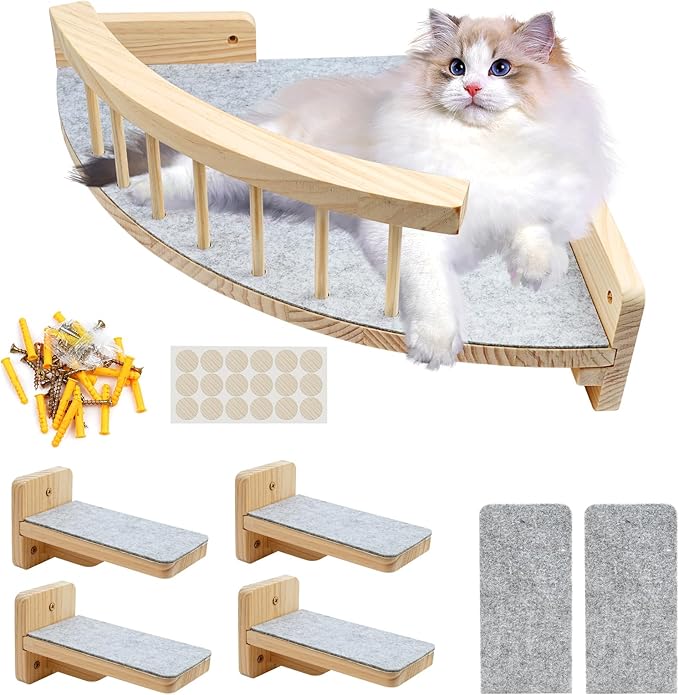 Cat Wall Shelves with 4 Step Scratch Post & Hammock Bed Wooden Floating Climbing Furniture for Sleeping and Playing Indoor Cat Climbing Shelf Corner Shelf Perches Support 20 LBS