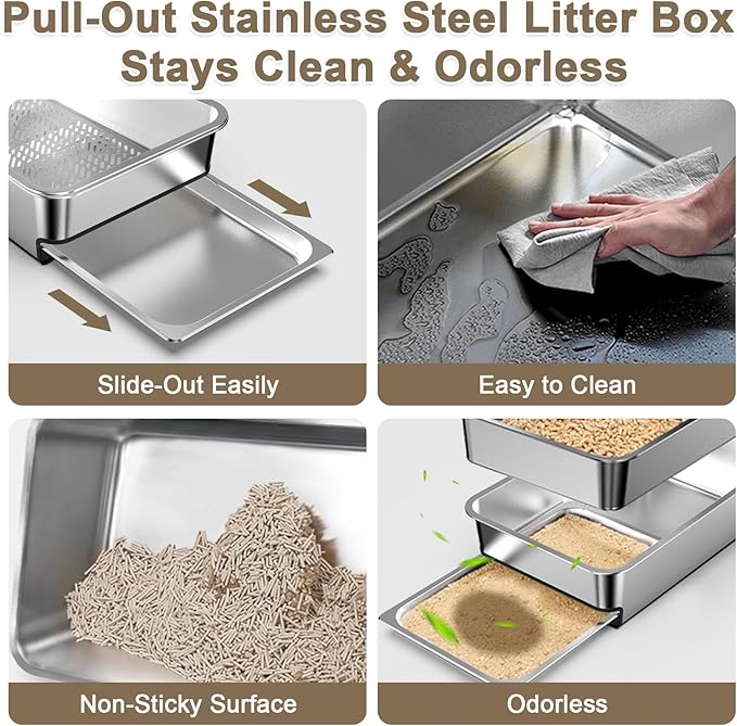 23.6"x16"x12" Stainless Steel Sifting Litter Box with Lid, XL Sifting Litter Box for Pine Pellets Less Tracking, High Sides Metal Litter Tray with Removable Drawer Pan, Anti-Leakage, Easy Cleaning