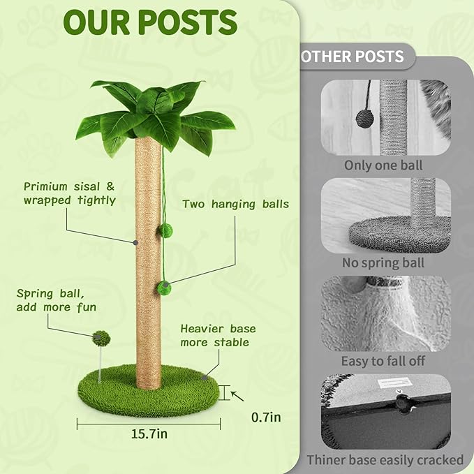 Dohump Cat Scratching Post, 31" Tall Scratch Tree with Premium Sisal Rope, Two Interactive Dangling Balls and Spring Ball Toys for Indoor Kittens and Cats
