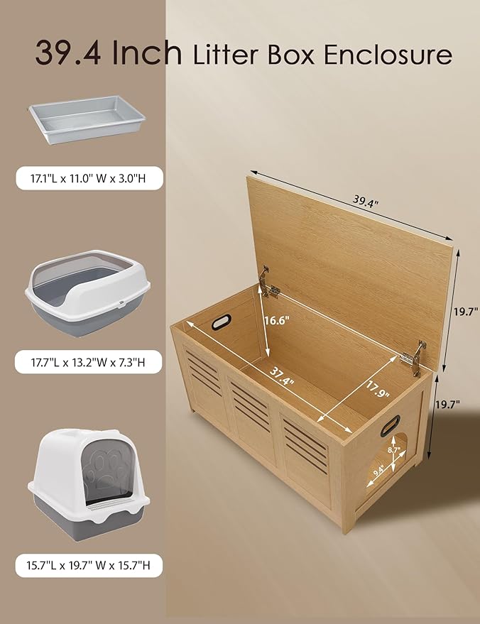 DINZI LVJ Litter Box Enclosure, Flip Top Litter Box Furniture, Hidden Cat Washroom, Wooden Cat House, End Table, 39.4" L x 19.7" W x 19.7" H, Good Ventilation, Easy to Assemble, Natural