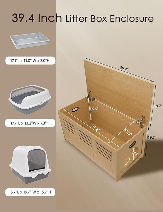 DINZI LVJ Litter Box Enclosure, Flip Top Litter Box Furniture, Hidden Cat Washroom, Wooden Cat House, End Table, 39.4" L x 19.7" W x 19.7" H, Good Ventilation, Easy to Assemble, Natural