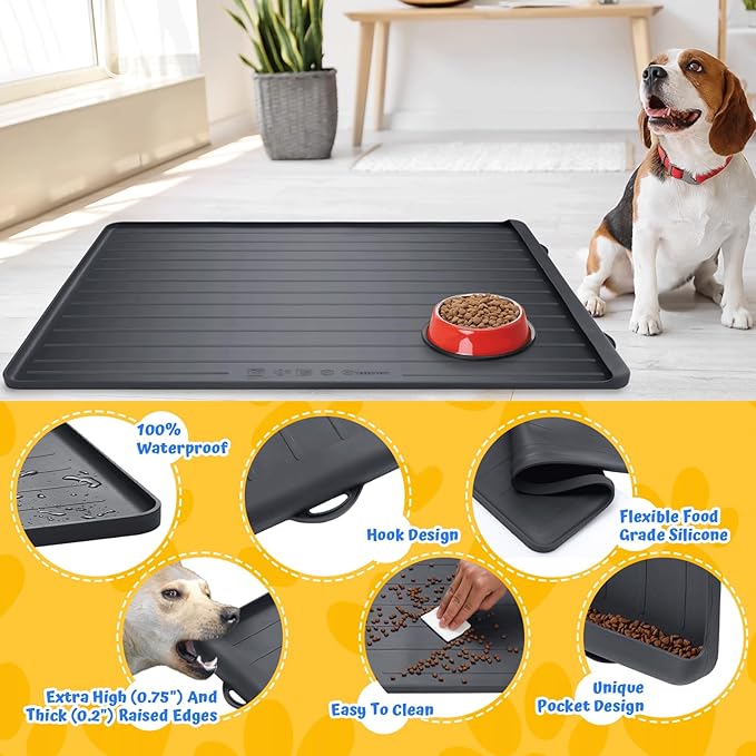 Dog Feeding Mat - 39''x27'' Large Silicone Pet Food Mats with Residue Collection Pocket and High Edges, Floors Waterproof Dog Cat Bowl Mat Prevent Water Food Spills, Black