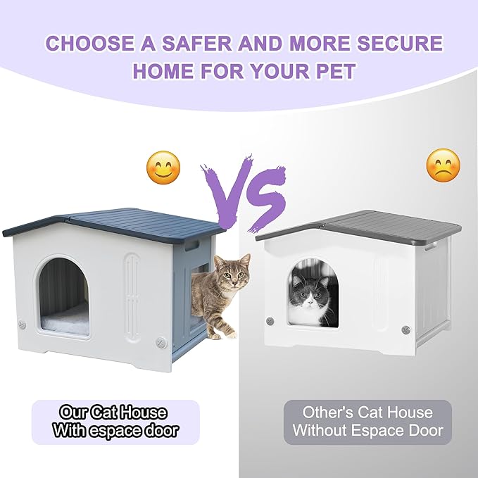 Plastic Cat House Weatherproof for Outdoor Indoor Use, Feral Cat House with Escape Door and Soft Mat, Outside Cat Shelter for Small Pet, Spacious, Assemble Easily - Grey