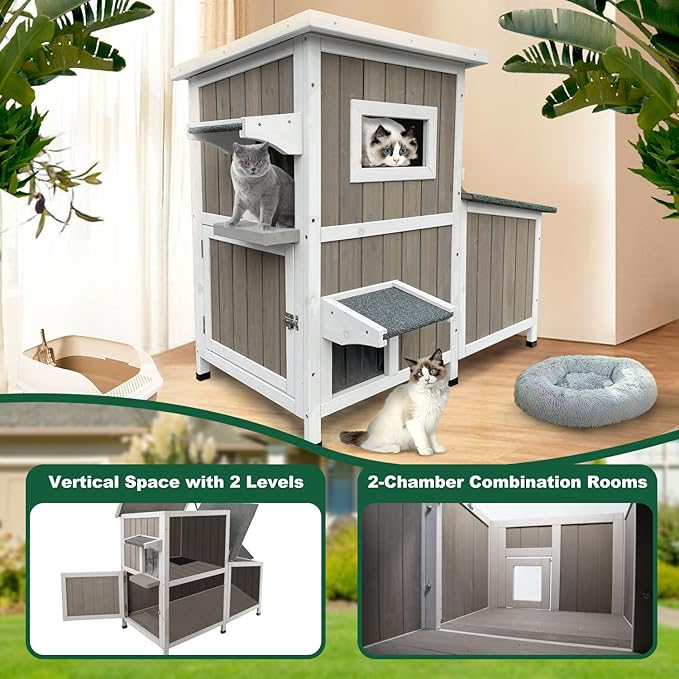 Outdoor Cat House Weatherproof, Two Story Wooden Cat House Outside Feral Shelter with 3 Escape Door, Cat Condo for Small Animals with Openable Asphalt Roof, Grey