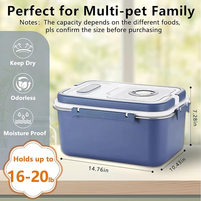 Sanbo Dog Food Storage Container Stainless Steel with Scoop, Airtight Pet Metal Food Storage Bin,Cat Food Canister,Storage Box with Date Tracker for Kitchen (Blue, 10L)