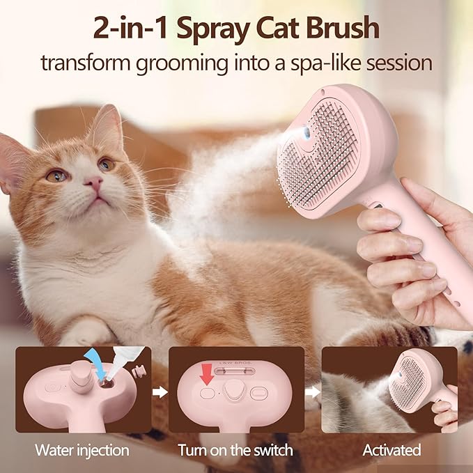 L&W BROS. Steam Grooming Brush for Shedding and Detangling – Self-Cleaning Steamy Pet Brush with Mist Spray for Long-Haired Cats and Small Dogs (Pink)