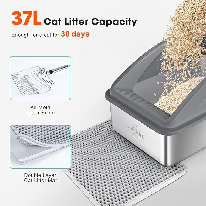 Stainless Steel Cat Litter Box with Lid | XL Extra Large Litter Box for Big Cats | Metal Litter Boxes High Sided | Enclosed Anti-Urine Leakage, Include Litter Mat and All-Metal Litter Scoop