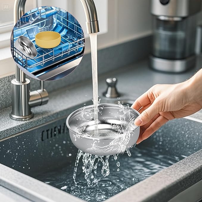 Kitten Food Bowls 2 Pack, Stainless Steel Cat Food and Water Bowl Set with Anti-Slip Silicone Bottom, 5 '' Wide Thick & Heavy Duty Metal Pet Bowls for Indoor Cats